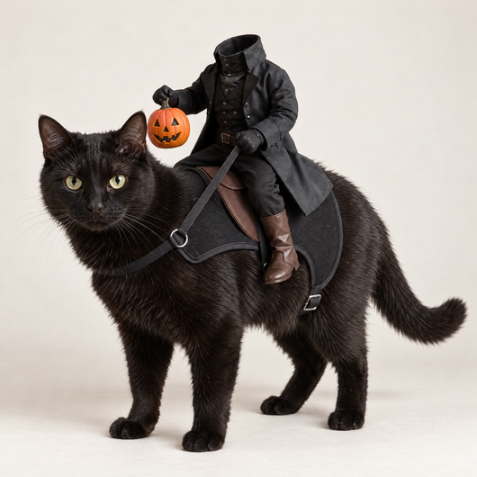 Black cat wearing the headless horseman pet costume, the rider holding a jack-o'-lantern