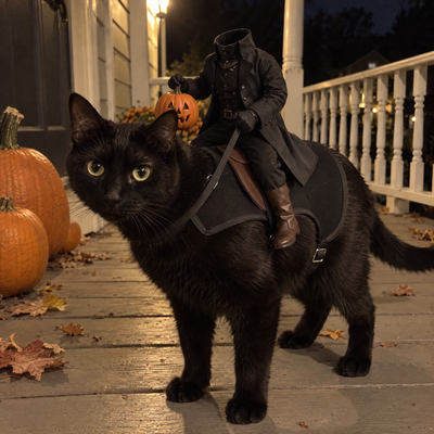 Black cat in the headless horseman pet costume on a porch at night with pumpkins