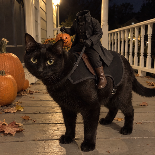 Black cat in the headless horseman pet costume on a porch at night with pumpkins