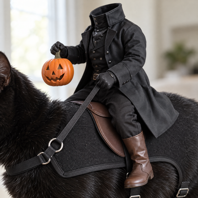 Close-up of the headless rider on the harness, holding the reins and a jack-o'-lantern