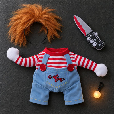 What's in the box: orange wig, striped shirt with denim overalls, toy knife, plus the free LED glow light
